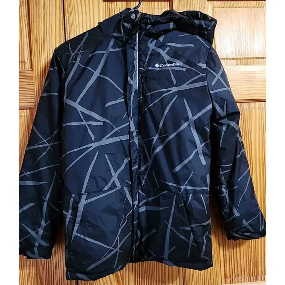 Columbia Youth Insulated Winter Jacket Black‎ Gray Pattern Hooded Size L